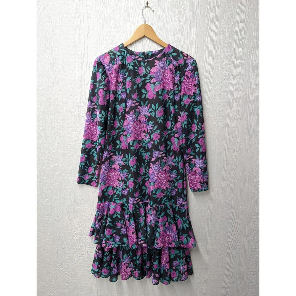 Vintage 80s Anthony Richards Purple Floral Ruffle Long Sleeve Dress Size 12